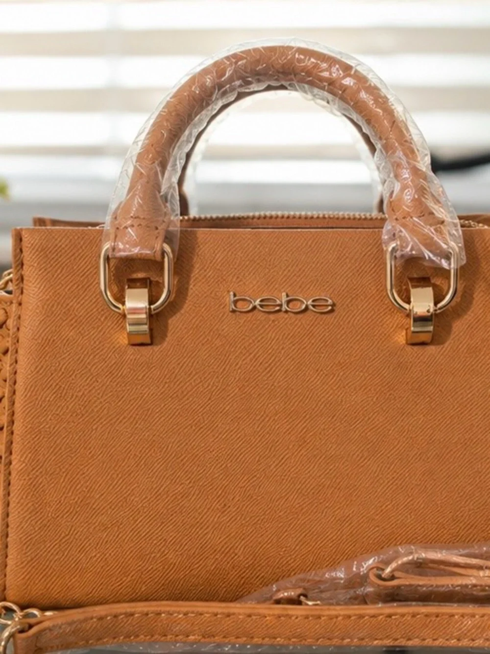 bebe Tan Structured Top-Handle Satchel with Gold Hardware